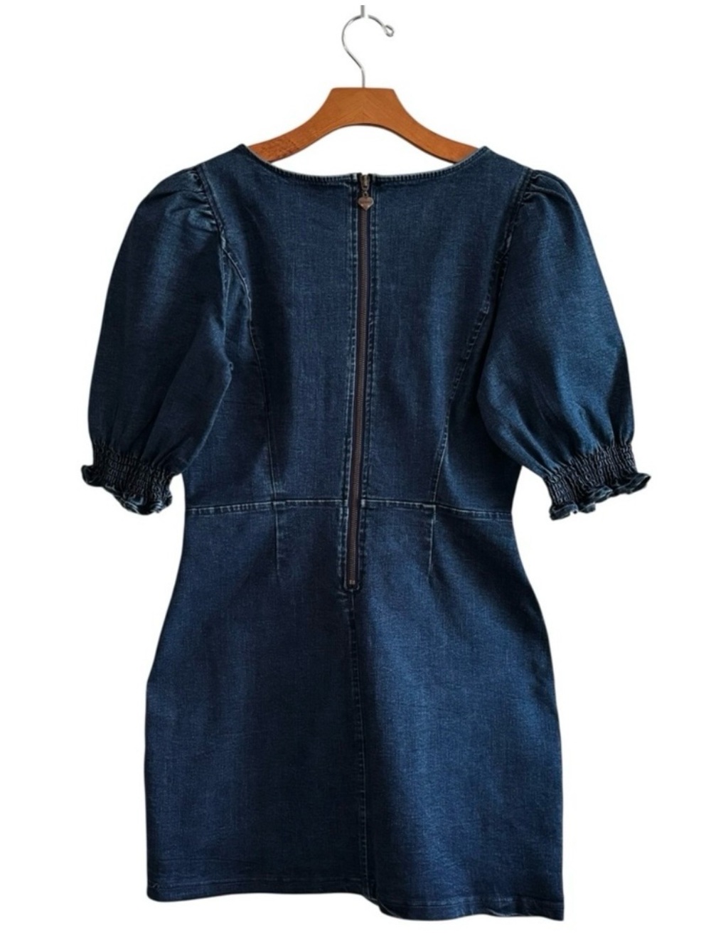 Betsy Johnson Square Neck Puff Sleeve Denim Dress 10 Corset Bodice Dark Wash - Picture 4 of 7